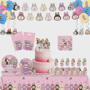Pink Fluffy Bunny Birthday Party Kit Blush Bunny Plush Theme Decorations | Cake Toppers, Balloons, Plates, Goodie Bags Birthday Set