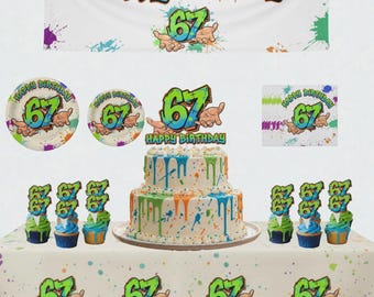 May include: A festive birthday party set featuring a two-tiered cake, cupcakes, plates, napkins, a banner, and a tablecloth. The theme includes the number 67 and the words "Happy Birthday" in a graffiti-style design with green, blue, and orange accents.