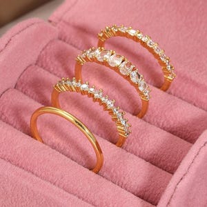Gold Stacking Rings Set, 14k Plated Cubic Zirconia, 4-Piece Sizes 5-11