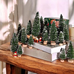 Pode incluir: Uma coleção de árvores de Natal em miniatura com agulhas verdes e pontas cobertas de neve branca, montadas em pequenas bases de madeira. O conjunto inclui pequenas figuras de um boneco de neve e do Pai Natal, dispostas sobre livros.