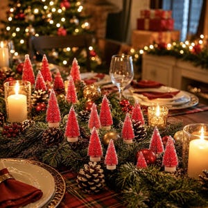 Mini Christmas Trees, 24-Piece Frosted Sisal Bottle Brush Set with Wood Bases