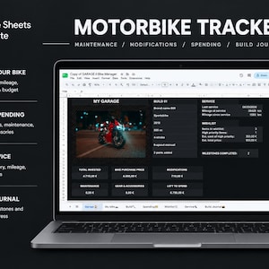 Może przedstawiać: Szablon Google Sheets do śledzenia motocykla wyświetlony na ekranie laptopa. Interfejs zawiera sekcje dotyczące konserwacji, modyfikacji, wydatków i dziennika budowy, z obrazem czerwonego motocykla oraz różnymi polami danych w kolorze czarnym.
