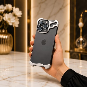 May include: A black smartphone featuring a matte finish and a central Apple logo, encased in a silver-toned metal frame with a wavy, organic design that wraps around the camera module and the bottom corners of the device.