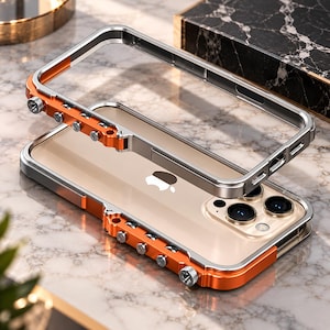 Könnte beinhalten: Ein goldenes Smartphone mit Dreifach-Kamerasystem und Apple-Logo, das teilweise von einem zweiteiligen Metallrahmen umschlossen ist. Der Rahmen hat einen silbernen Außenrand, eine orangefarbene Innenschicht und sichtbare silberne Schrauben.