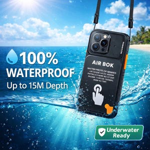 May include: Black waterproof phone case with a black lanyard, submerged in water. The case has the text "AIR BOK" and "100% WATERPROOF Up to 15M Depth". The case is orange and black with a white hand icon and the words "Underwater Ready".