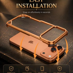 May include: A metallic copper-colored phone case frame hovering above a matching copper smartphone. The text reads EASY INSTALLATION, Snap on effortlessly in seconds, PERFECT FIT, QUICK & EASY, SECURE GRIP, and FULL PROTECTION with descriptive icons.