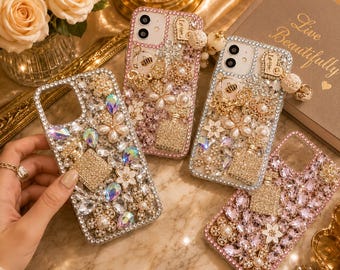 Funda de lujo para iPhone con diamantes de imitación y dije de perla, cubierta brillante de perfume de cristal