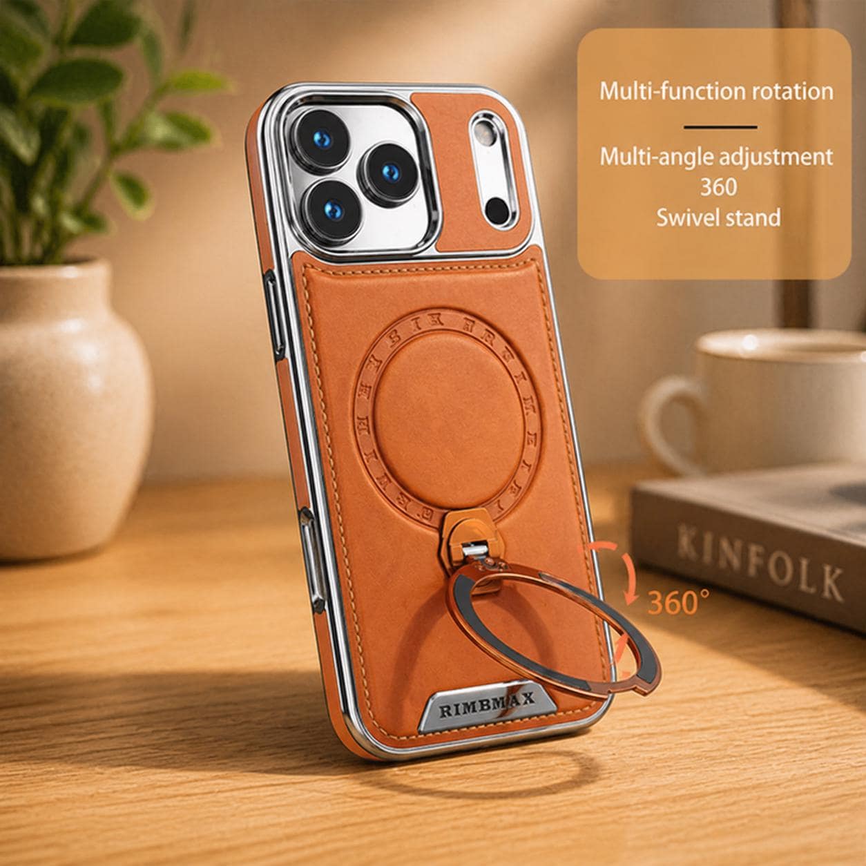 Magnetic Leather iPhone Case with Ring Stand, Wireless Charging, Shockproof Cover
