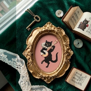 Cadre chat noir banjo, mini cadre doré ovale vintage, déco cabinet de curiosités et art gothique chic baroque dark académia cottagecore