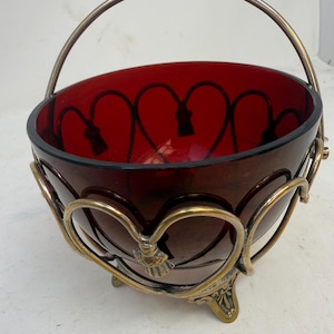 Vintage Ruby Red Glass Jam Basket with Silver Plated Holder and Handle – Antique Victorian Style Condiment Bowl, Red Cranberry Glass Decor