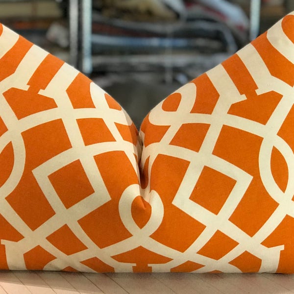 One Imperial Orange "ASIAN TRELLIS" Geometric Fretwork  Print Custom Bolster Pillow- Cowtan & Tout Back - 15" by 23" - KWID Alternative