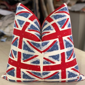 PAIR Red White & Blue &quot;UNION JACK&quot; British Flag English Cotton Print Custom Pillows - Cotton Back - 20&quot; Square - 1 Pair Available