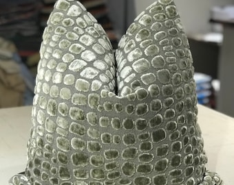 PAIR S. Harris Silver Grey "EXOTIC CROC" Italian Crocodile Cut Velvet Custom Pillows - English Wool Back - 20" Square - 1 Pair Available