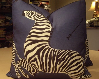 Scalamandre Denim "ZEBRAS" Indoor Outdoor Print Custom Pillows Pair - Jet Black Sunbrella Back - 19" Square - Right & Left Facing Zebras