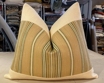 ONE Colefax & Fowler Green "DANBURY STRIPE" Woven Farmhouse Lumbar Pillow - Woven Basket Weave Back and Band  - 16" by 19" - 1 Available