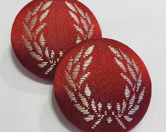 Set of 2 Imperial Red "ROSECLIFF LAUREL WREATH" French Brocade Custom Covered Metal Crimp Shank Buttons - 1.5" Diameter - 39 Sets Available