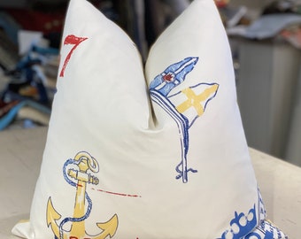 PAIR Ralph Lauren Brass "NAVIGATOR NOVELTY" Nautical Cotton Print Custom Pillows - Butter Yellow Cotton Back - 20" Square - 1 Pair Available