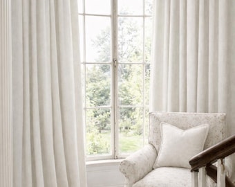 Coconut White "SWEET ANNIE" Linen Weave Custom Farmhouse Rod Pocket Drapes w/ 3" Header - 100" long - Fits 2" Rod - 2 Single Width PANELS