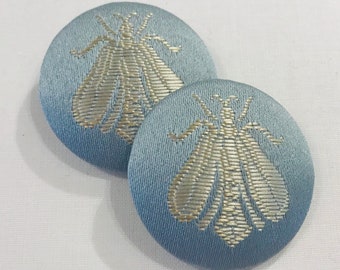 Set of TWO Slate Blue "NAPOLEON BEE" French Damask Brocade Custom Covered Metal Crimp Shank Buttons - 1.5" Diameter - 93 Sets Available