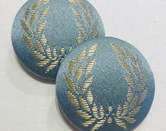 Set of 2 Slate Blue "ROSECLIFF LAUREL WREATH" French Brocade Custom Covered Metal Crimp Shank Buttons - 1.5" Diameter - 47 Sets Available