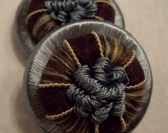 One Pair Wedgewood & Chocolate "GANACHE" French Passementerie Rosette Trim - 3 Pairs Available - Free Shipping