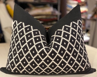 ONE Manuel Canovas Anthracite "ALES" French Woven Geometric Diamond Custom Bolster Pillow - Cotton Back & Band - 16" by 20" - 1 Available