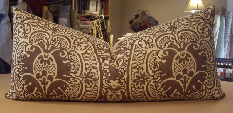 ONE LARGE Quadrille Taupe Brown VENETO Printed Linen Custom Bolster Pillow 15 by 32 One Available Vanilla Linen Cotton Back