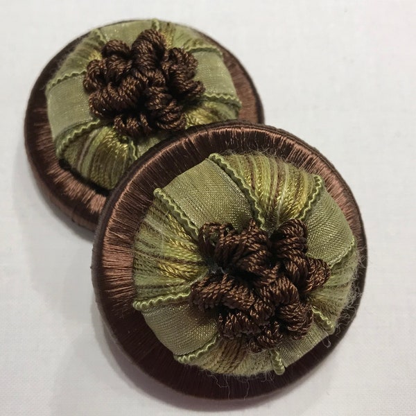 TWO Moss & Chocolate "GANACHE" French Passementerie Rosette Trim Fringe - 2" Diameter - Imported from France - 3 Pairs AVAILABLE