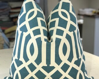 PAIR Imperial Teal "ASIAN TRELLIS" Geometric Fretwork Cotton Print Custom Pillows - Same Fabric Both Sides - 22" Square