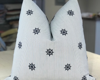 PAIR Ralph Lauren Deck Blue "CAPTAIN'S WHEEL TiCKING" Embroidered Stripe Custom Pillows - Cotton Back - 20" Square - 2 Pairs Available
