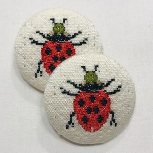 Set of TWO Red "LOVE BUG" French Embroidered Lady Bug Cotton Custom Covered Metal Crimp Shank Buttons - 1.5" Diameter - 9 Sets Available