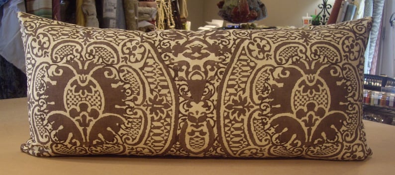 ONE LARGE Quadrille Taupe Brown VENETO Printed Linen Custom Bolster Pillow 15 by 32 One Available Vanilla Linen Cotton Back