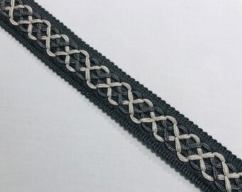 Charcoal Grey & Silver Grey "EMPRESS TRELLIS" French Passementerie Galon Braid Trim -  1.5" Wide - 6 Yards - 4 AVAILABLE