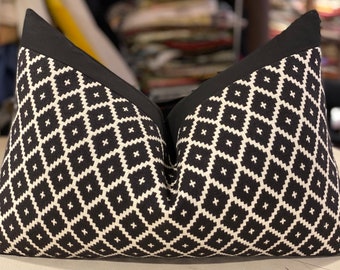 ONE Manuel Canovas Anthracite "ALES" French Woven Geometric Diamond Custom Bolster Pillow - Cotton Back & Band - 15" by 23" - 1 Available