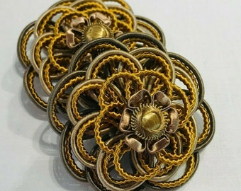 One PAIR Copper Bronze & Plantinum "FLEUR DEFILEMENT" French Passementerie Rosette Trim - 1 Pair Available - Free Shipping