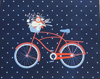 ONE Red White & Blue "SUNDAY RIDE" Polyester Indoor Outdoor Bicycle Print Fabric Panel - 19" Square - Gorgeous Design - 37 Panels Available