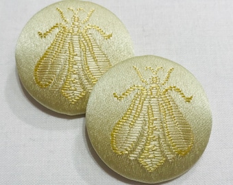 Set of TWO Maize "NAPOLEON BEE" French Damask Brocade Custom Covered Metal Crimp Shank Buttons - 1.5" Diameter - 40 Sets Available