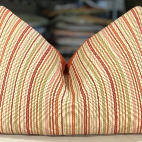 ONE Cowtan & Tout Melon "BRIGHTON" Woven Candy Stripe Custom Lumbar Pillow - Brunschwig "BOSPORUS" Ottoman Back - 13" by 19" - 1 Available