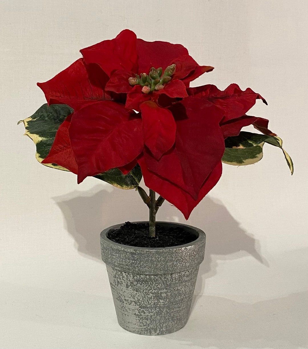 ONE Red mini Poinsettia Potted Artificial Silk Christmas Holiday Flower