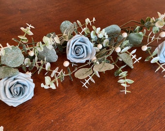 ONE Glitter Frost Soft Greens "LILA" French Farmhouse Faux Eucalyptus Berry Garland w/ Dusty Blue Foam Roses - 48" Long - 10 Available