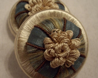 One Pair Peacock & Champagne "GANACHE" French Passementerie Rosette Trim - 3 Pairs Available - Free Shipping