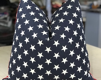 PAIR Red White & Blue "STAR SPANGLED" American Flag Cotton Print Custom Pillows - Old Glory Red Cotton Back - 20" Square - 1 Pair Available