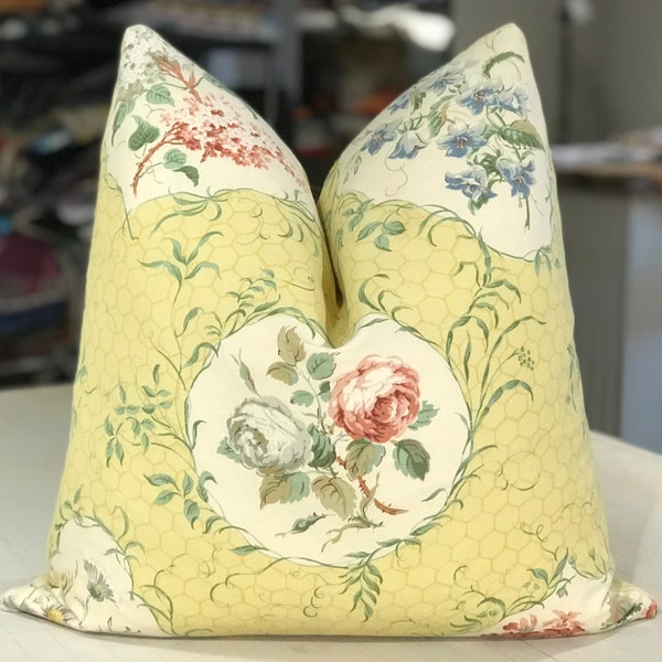 One Colefax & Fowler Yellow "FLORAL CARTOUCHE" English Floral Print Custom Pillow - Butter Yellow Cotton Back - 20" Square - 1 AVAILABLE