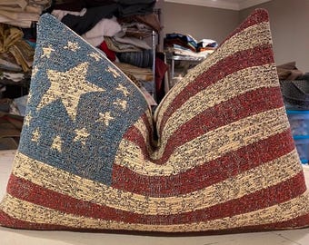 ONE Rustic "OLD GLORY" Woven Farmhouse 14-Star American Flag Chenille Custom Bolster Pillow - Sand Textured Back - 15" by 22" - 4 Available