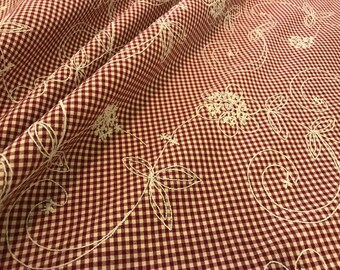 Red Natural "POSEY POSEY" French Country Embroidered Candlewick Gingham Cotton Check Fabric - 10 yds - LAST Yardage Available
