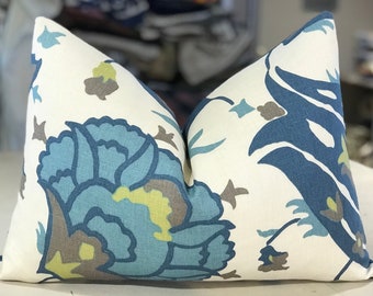 ONE Lee Jofa / Groundworks / David Hicks Teal Aqua "TURKISH FLOWER" Linen Print Custom Bolster Pillow - French Linen Back - 15" by 21"