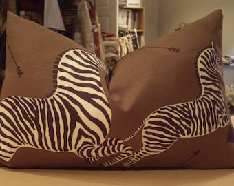 One Large Scalamandre Safari Brown "ZEBRAS" Printed Linen Custom Down Bolster Pillow - 15" by 23" - Right Facing