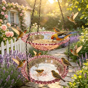 May include: A two-tiered, hanging bird feeder with a pink, scalloped edge design. The feeders are filled with birdseed and surrounded by various birds, including hummingbirds and robins. The scene is set in a garden with flowers and a white picket fence.