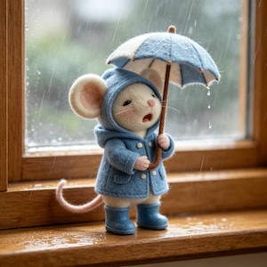 May include: A handcrafted felt mouse figurine wearing a blue hooded coat and boots, holding a blue and white umbrella. The mouse has large ears and a pink nose, standing in front of a window with rain.