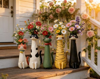 Hand-Painted Resin Cat Vase, Whimsical Flower Pot, Cat Lover Home Decor